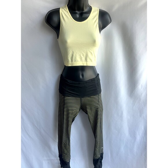 Lululemon Yellow Black Striped Crop Leggings Bee Size 4 + Crop Top Size M Yoga - Picture 1 of 12